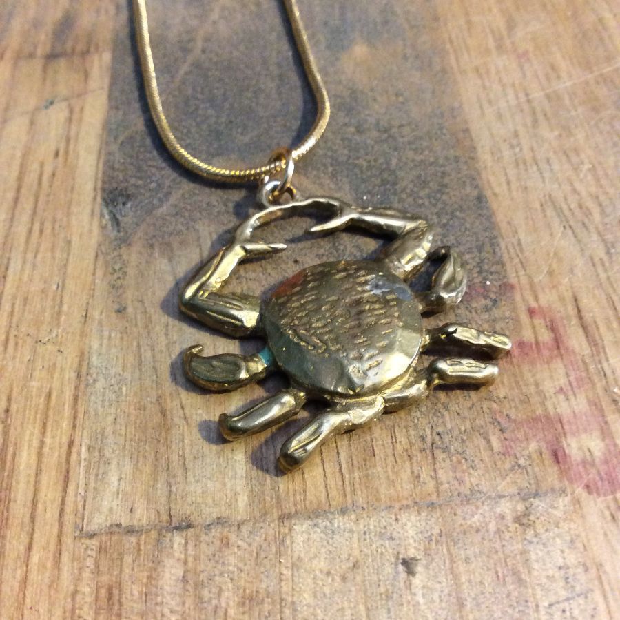 Crab Zodiac Cancer brass pendent w/ snake chain necklace 1