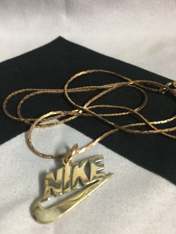 Nike Logo Solid Brass Necklace W/thin Cobra Chain | Boardwalk Vintage