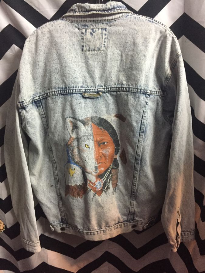 90’s Denim Jacket Native American-wolf-eagle Design | Boardwalk Vintage