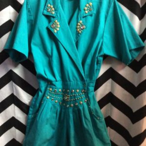 TEAL ROMPER WITH GOLD STUD DIAMOND ACCENT 1