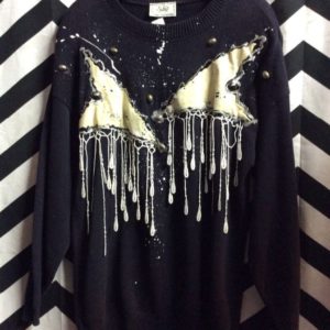 1980S KNIT SWEATER HAND PAINTED PUFFY PAINT & FRINGE 1