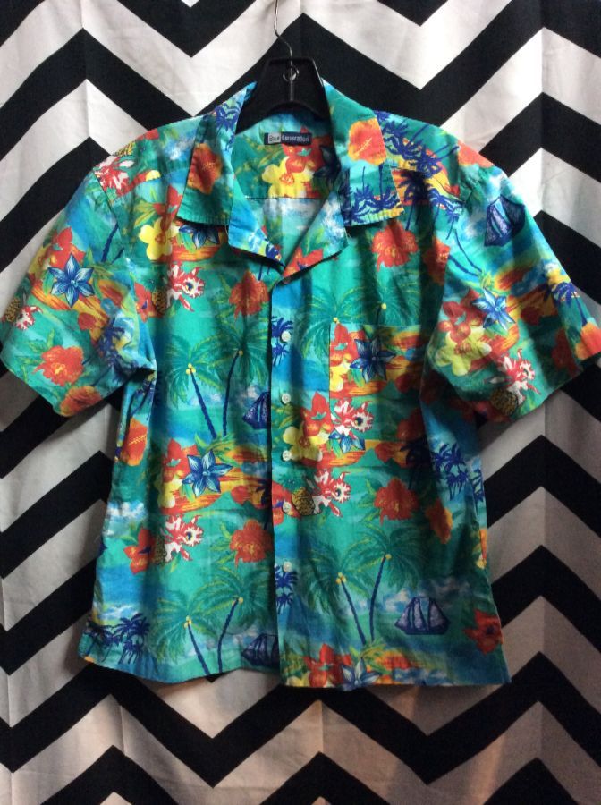 Floral/palms/sailboat/sunset Pattern Hawaiian Shirt | Boardwalk Vintage