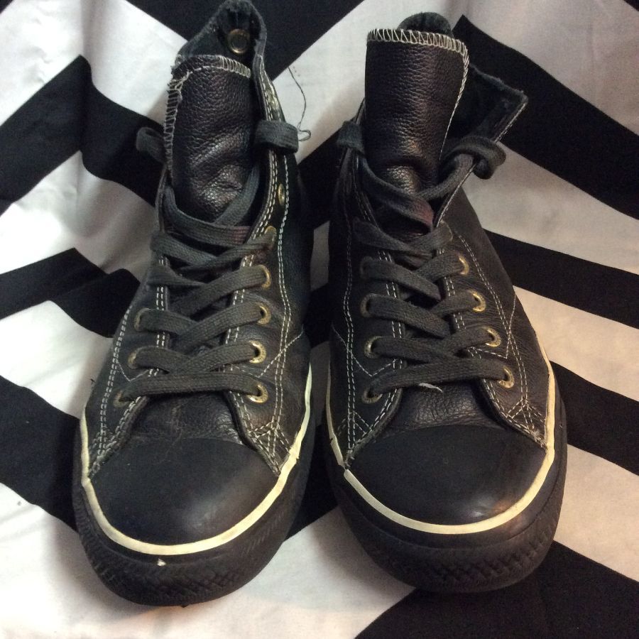 product details: CONVERSE ALL STAR HIGH TOP BLACK LEATHER  WHITE TRIM SHOES US10.5 photo
