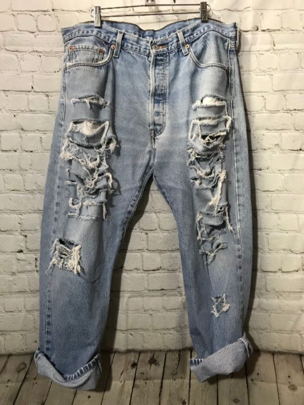 Levis Denim Jeans 501 Fully Ripped And Frayed | Boardwalk Vintage