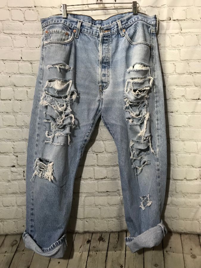 Levis Denim Jeans 501 Fully Ripped And Frayed | Boardwalk Vintage