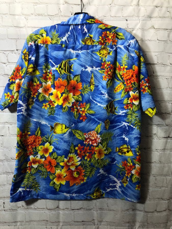 Hawaiian Shirt W/ Floral/seashell/fish Print | Boardwalk Vintage