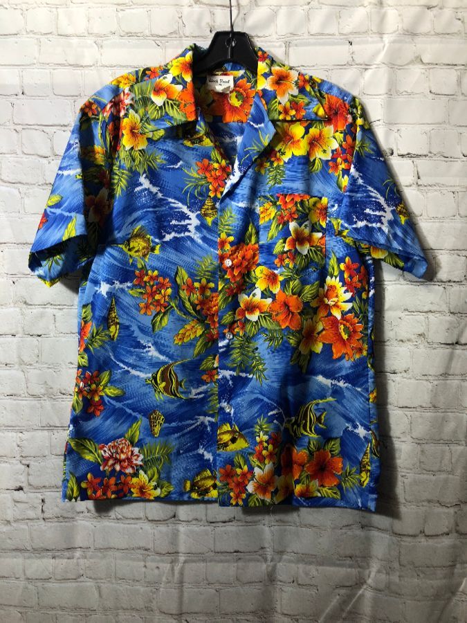 Hawaiian Shirt W/ Floral/seashell/fish Print | Boardwalk Vintage