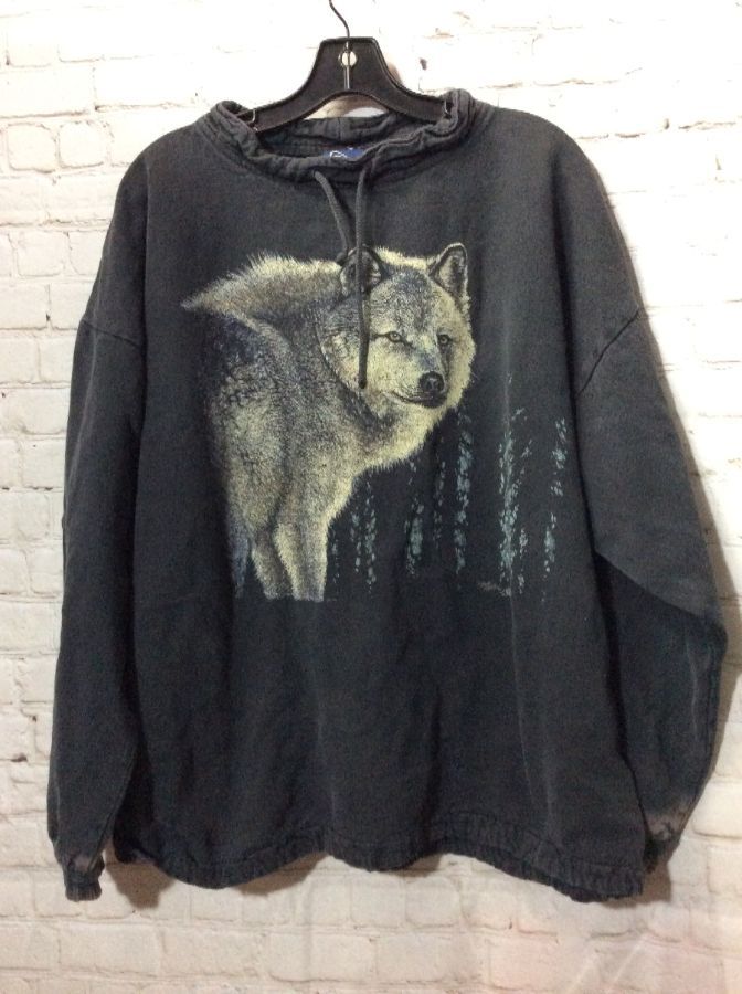 Cotton Pullover Sweatshirt W/ Gray Wolf Graphic | Boardwalk Vintage