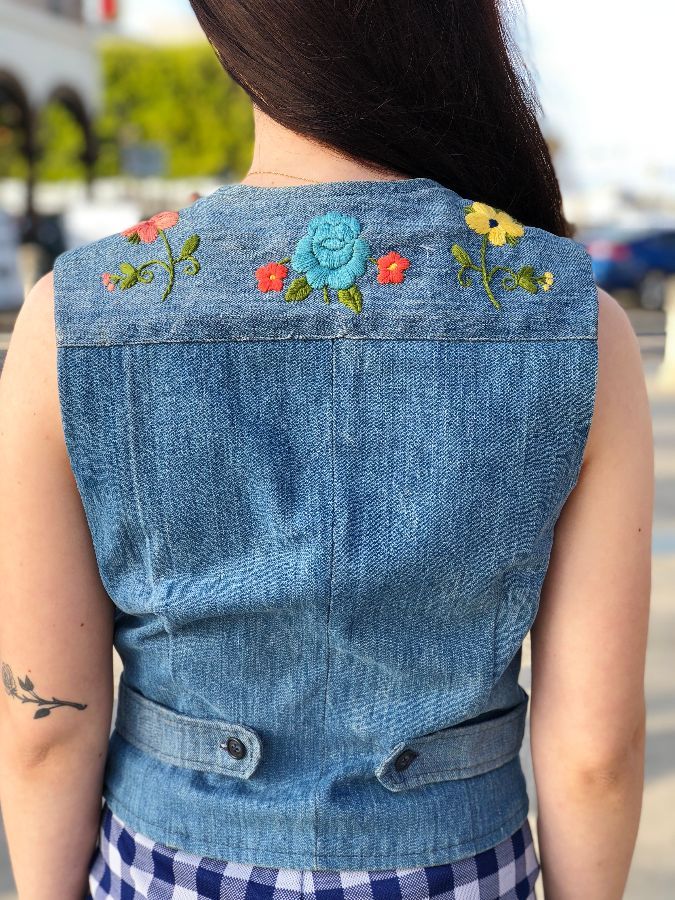 Vest Denim W/ Floral Embroidery | Boardwalk Vintage