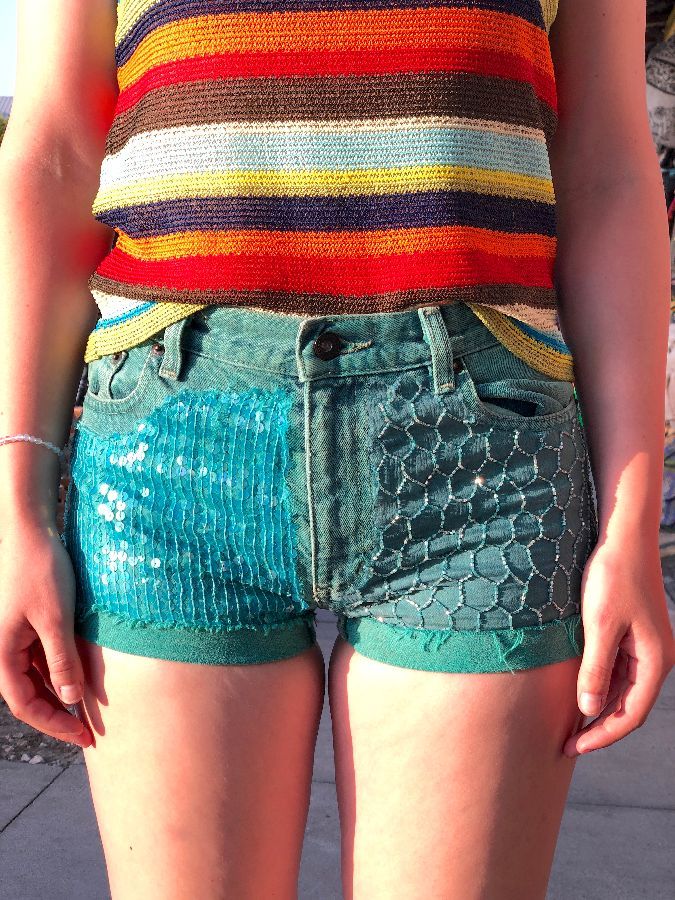 product details: DENIM SHORTS SEQUINS AND EMBELLISHMENTS  STUDDED PATCHES TEAL photo