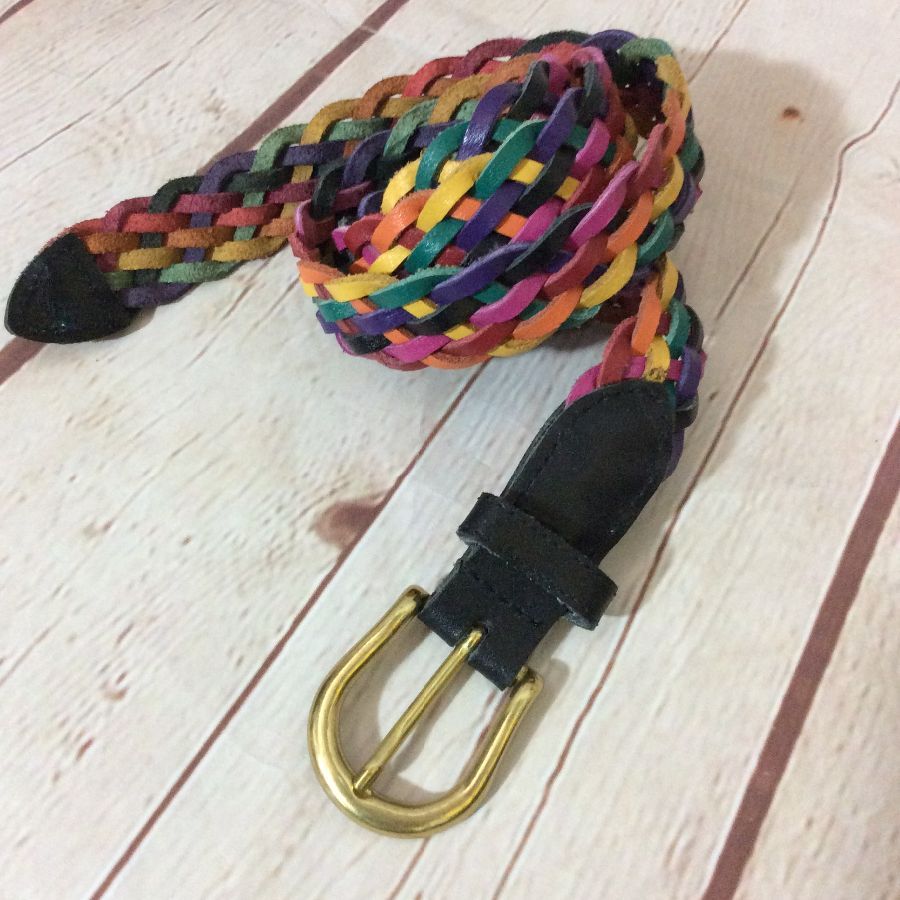 Multicolor Rainbow Braided Leather Belt 36 Inches Size Small