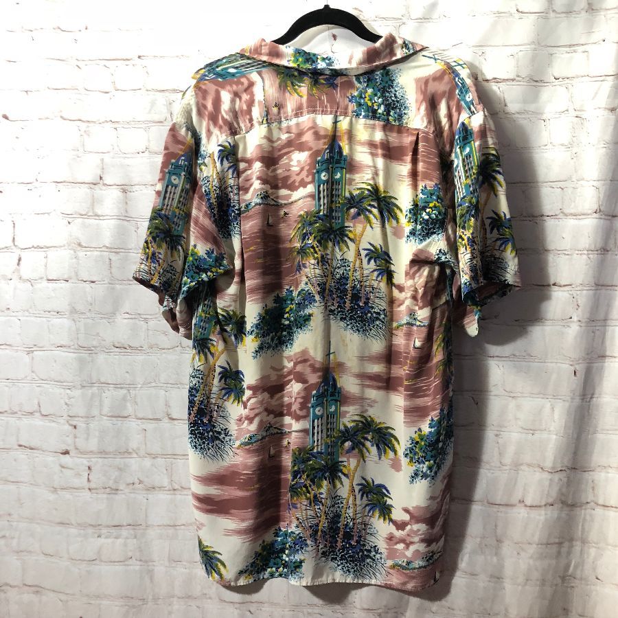 Ss Bd Silk Hawaiian Shirt Palm And Water Print Natural Coconut