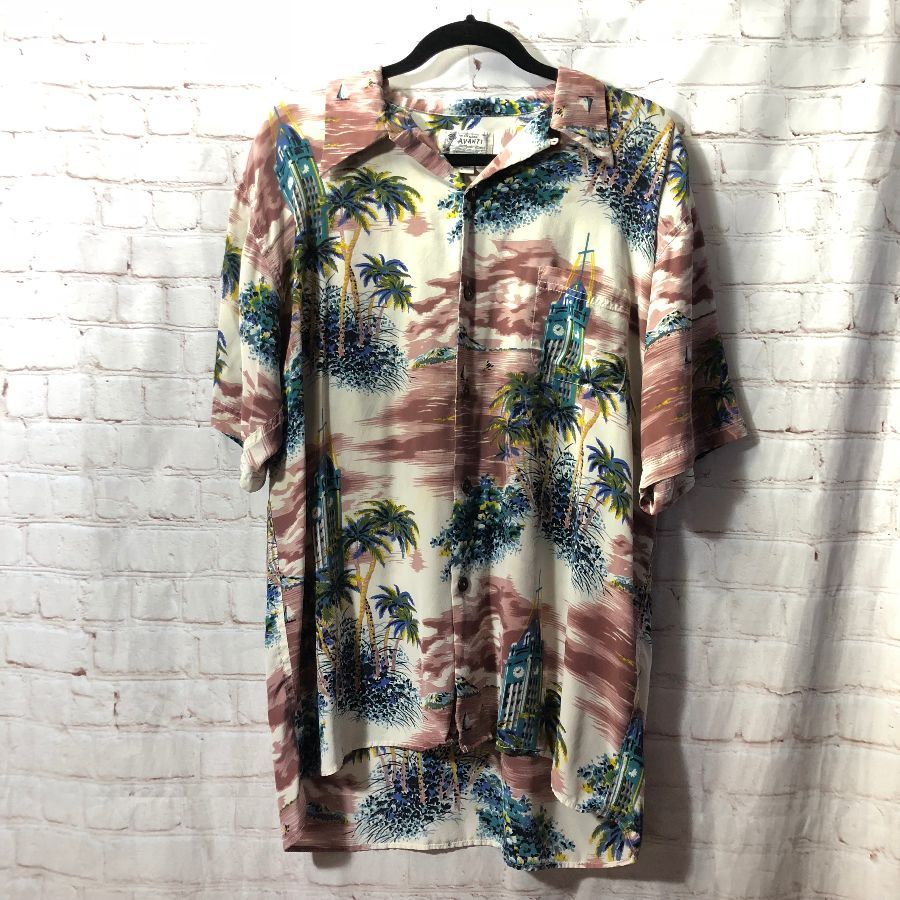 Ss Bd Silk Hawaiian Shirt City Scape Print Natural Coconut Buttons ...