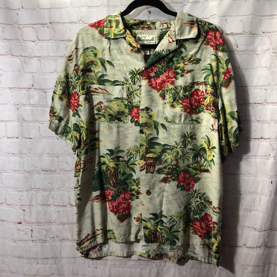 Ss Bd Silk Hawaiian Shirt Palm And Water Print Natural Coconut