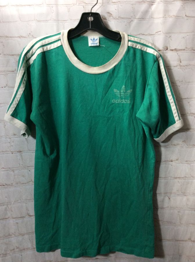 Retro Adidas Striped Sleeve Ringer T shirt Faded Logo Boardwalk