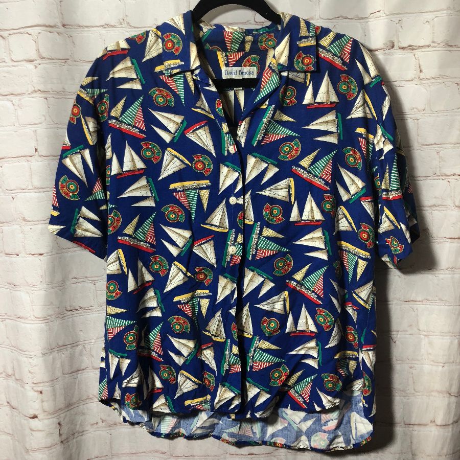 Allover Sailboat Pattern Ss Bd Collared Shirt *as-is* | Boardwalk Vintage