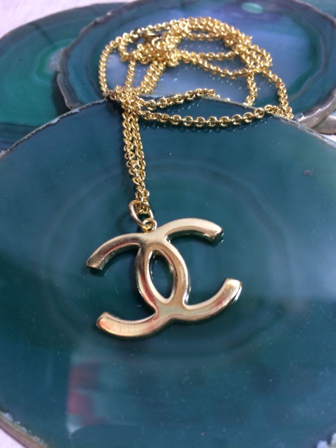 Gold Metal Chanel Logo Necklace W/ Small Link Chain | Boardwalk Vintage