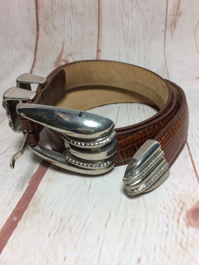 Croc Embossed Leather Belt W/ Chunky Silver Metal Buckle & Loops