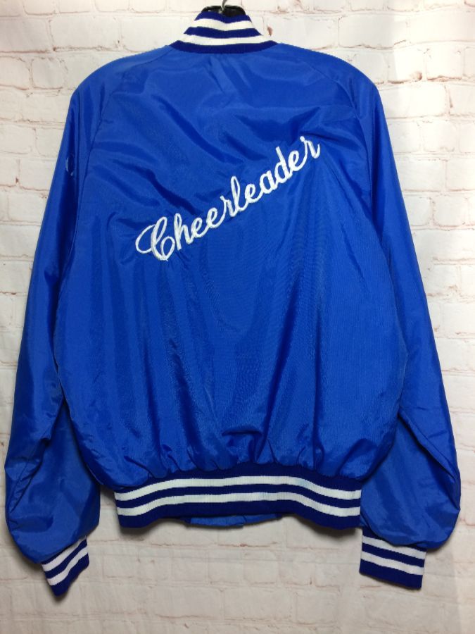 Retro Satin Baseball Jacket W/ Embroidered Cheerleader & Tracy ...