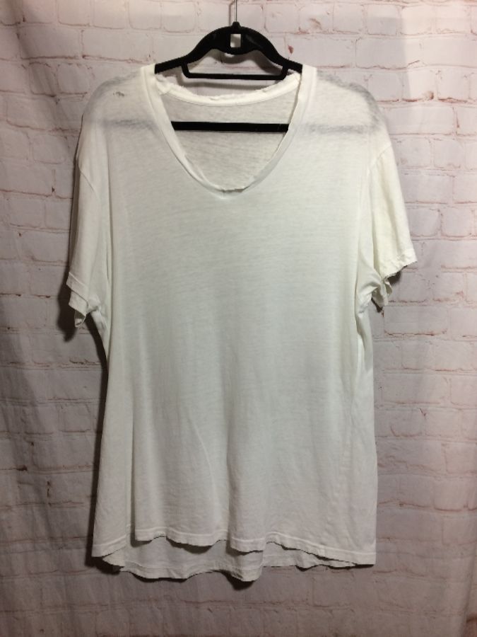 PERFECTLY DISTRESSED WHITE T SHIRT SCOOP V-NECK TATTERED EDGES
