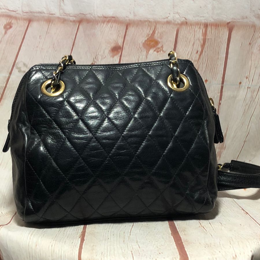 Vintage 1980's Neiman Marcus Quilted Leather Handbag W/ Double Chain Link  Straps