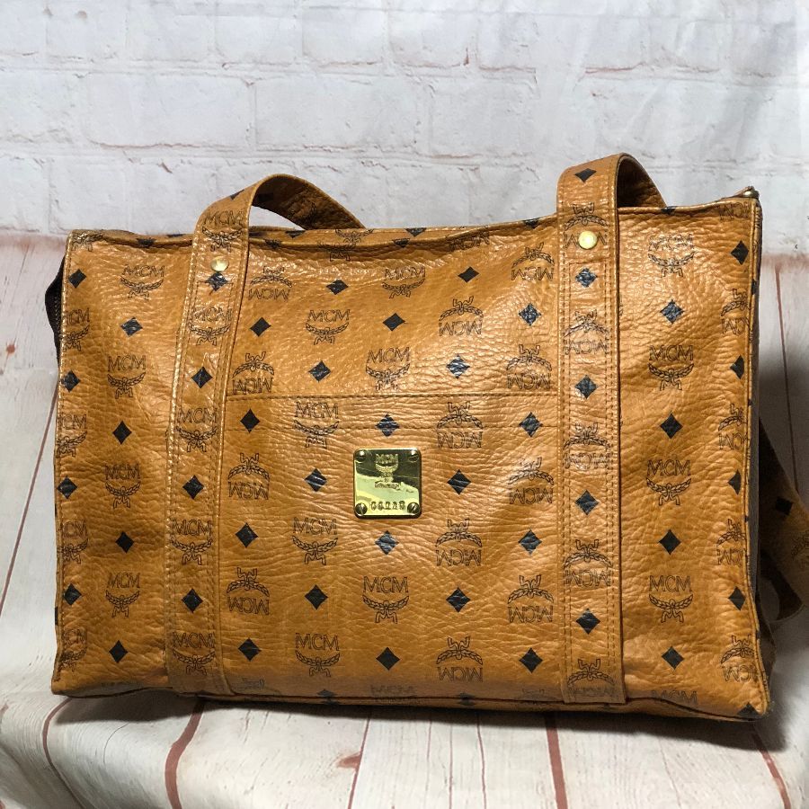 Mcm Monogram & Diamond Pattern Leather Tote Bag W/ Zipper