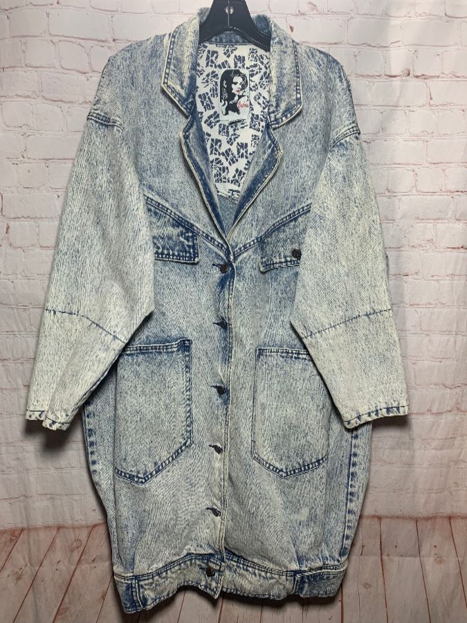 Vintage 80s Acid Wash Denim Belma Button Trench Coat Jean Jacket Duster  Medium