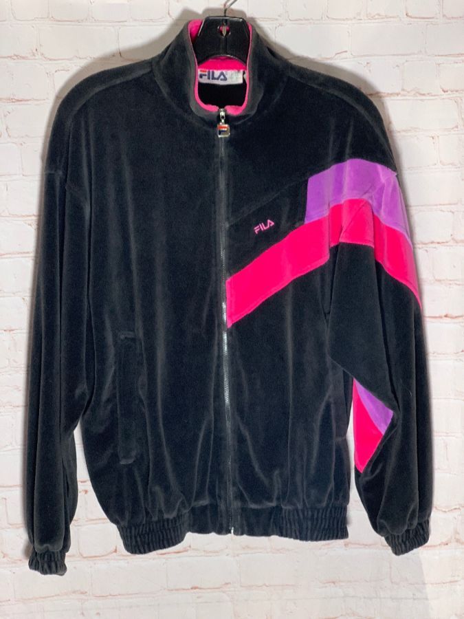 Fila Velour Vintage Stripe Full Zip Track Hoodie Jacket Fleece Small