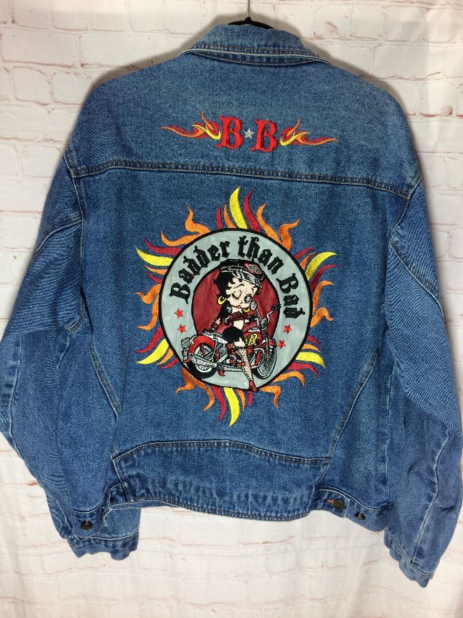Authentic Betty Boop Moto Club Embroidered Denim Jacket Leather ...