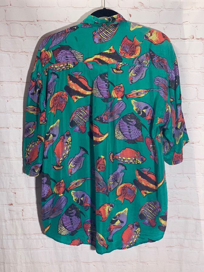 1990s Short Sleeve Tropical Fish All Over Print Silk Button Up Shirt As ...
