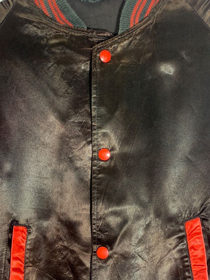 Retro Satin Bomber Jacket W/ Ribbed Cuffs/collar/hem & Sleeve Stripe