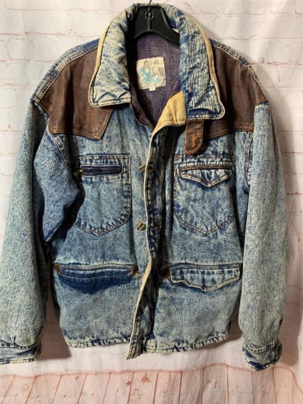 Thick Lined 1980’s Acid Wash Denim Jacket W  Leather Trim & Corduroy 