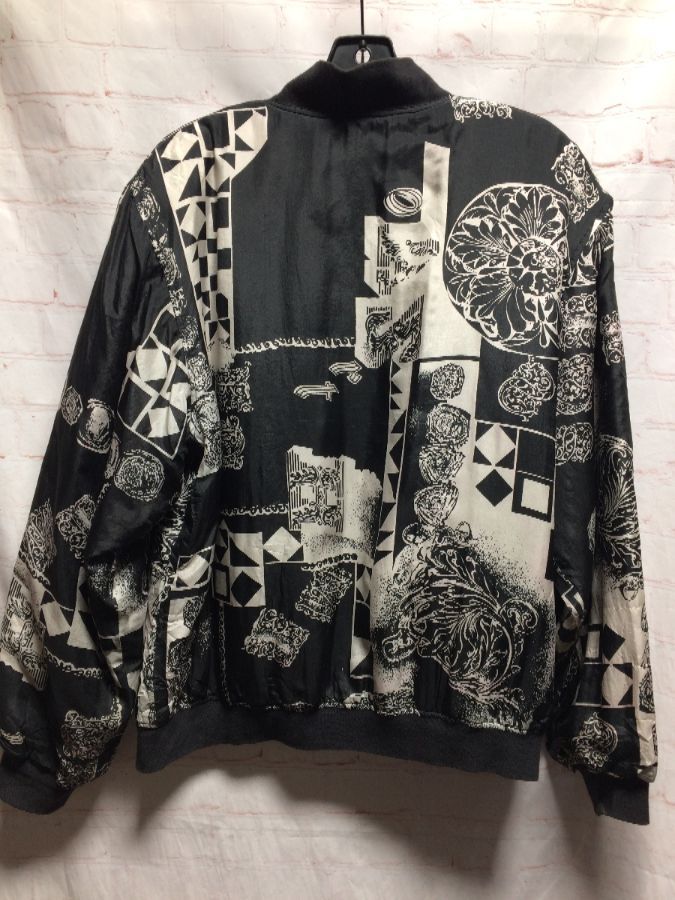 Bomber Jacket Thin Silk Abstract Geometric Shapes Solid Buttons ...
