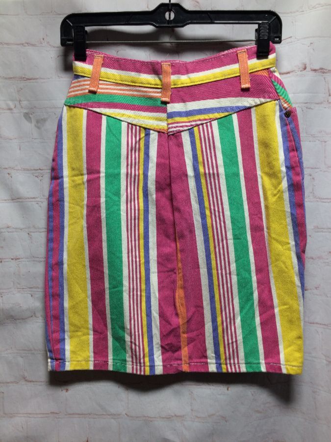 1980’s Denim Skirt W/ Pastel Colors & Vertical Stripes High Waist Mid ...