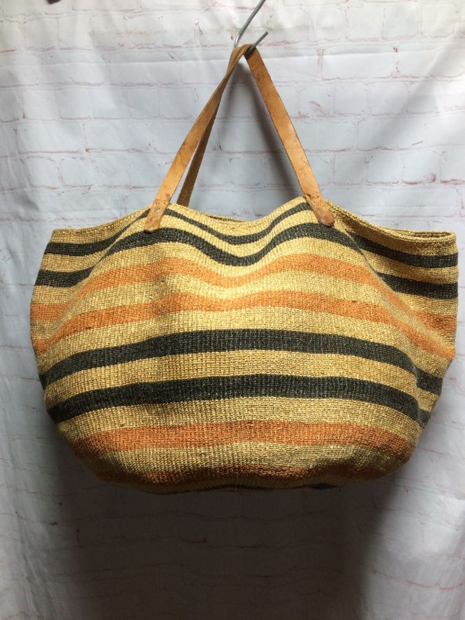 LARGE TOTE/BEACH BAG WOVEN JUTE W/ STRIPES LEATHER STRAP ...