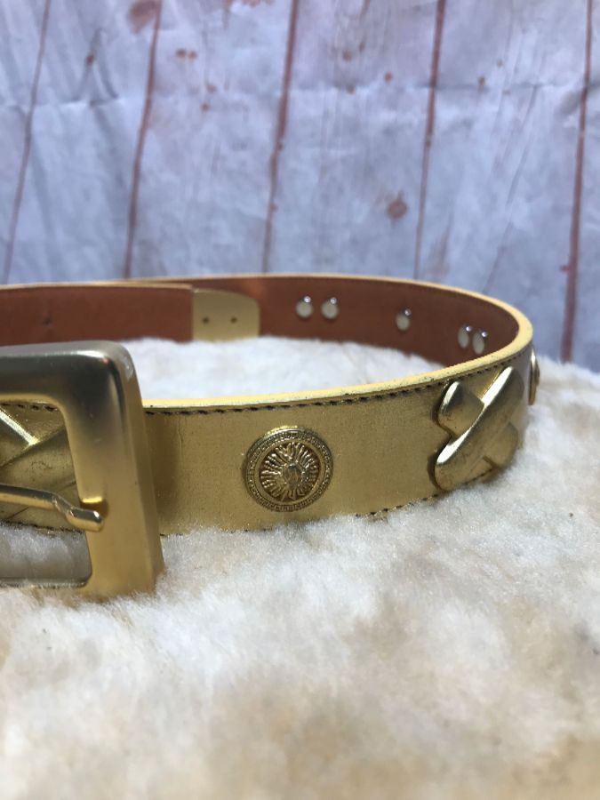 Metallic Gold Leather Belt Medusa Head And X Hardware | Boardwalk Vintage