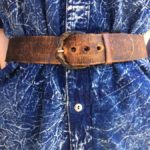 DISTRESSED EMBOSSED BROWN LEATHER BELT LEATHER WRAPPED BUCKLE -as is