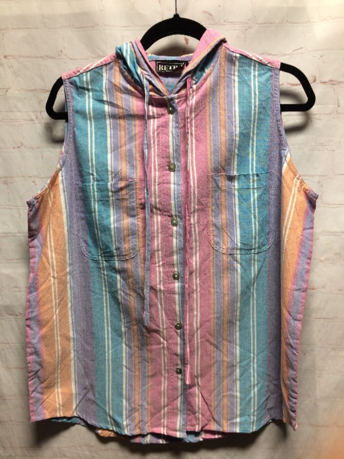 Sleeveless Hooded W/ Vertical Stripes In Pastel Colors Shirt ...