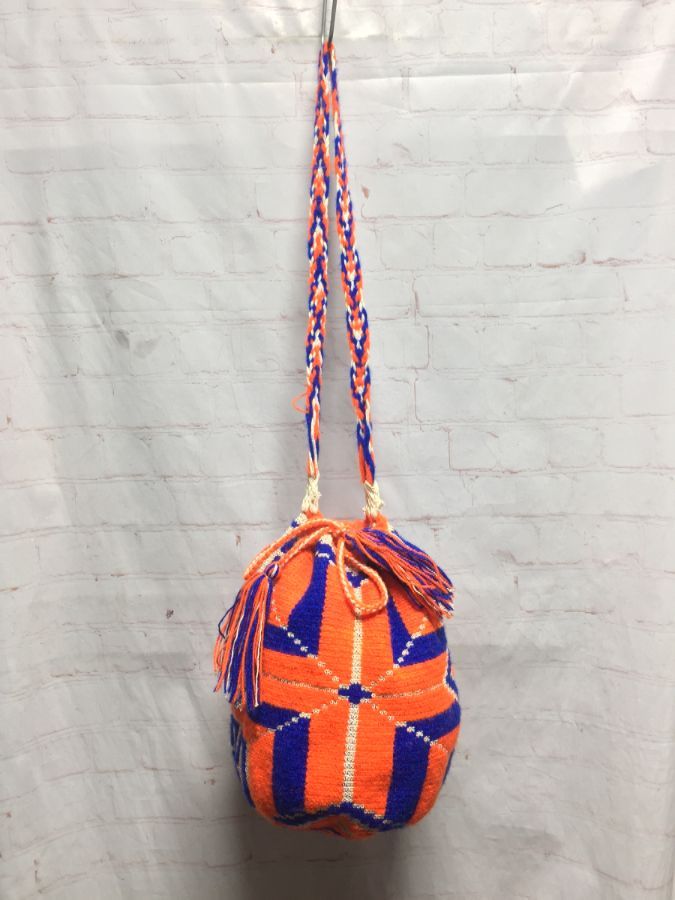 product details: HAND KNIT NEON-COLORED BUCKET STYLE SHOULDER BAG W/ DRAWSTRING CLOSURE photo