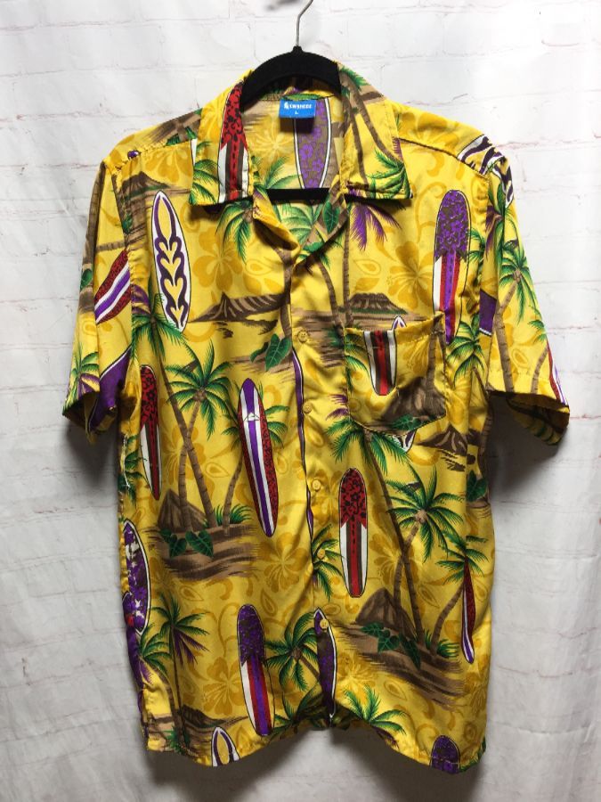 Surfboard & Palm Trees Print Lightweight Hawaiian Shirt | Boardwalk Vintage