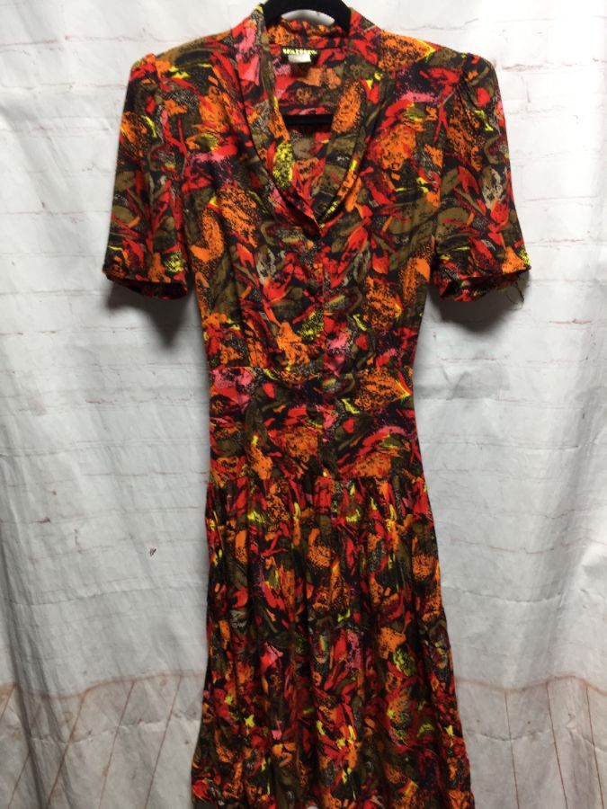 product details: 1980S FUNKY PRINT BUTTON DOWN RAYON DRESS WITH SOULDER PADS photo