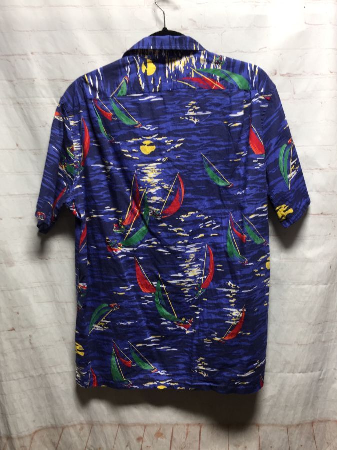 Cotton Hawaiian Style Shirt W/ Sailboat Print | Boardwalk Vintage