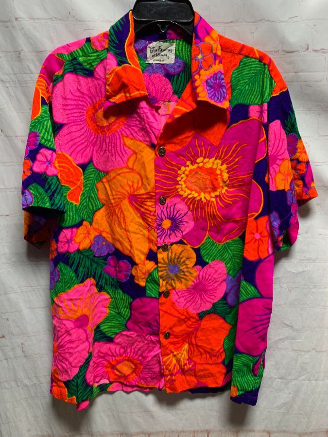 Retro 1970’s Hawaiian Shirt W/ Day-glow Neon Floral Print | Boardwalk ...