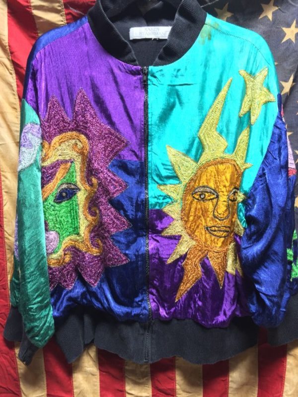 product details: CHAIN STITCHED EMBROIDERED SUN AND STAR SILK COLOR BLOCK JACKET - AS IS photo