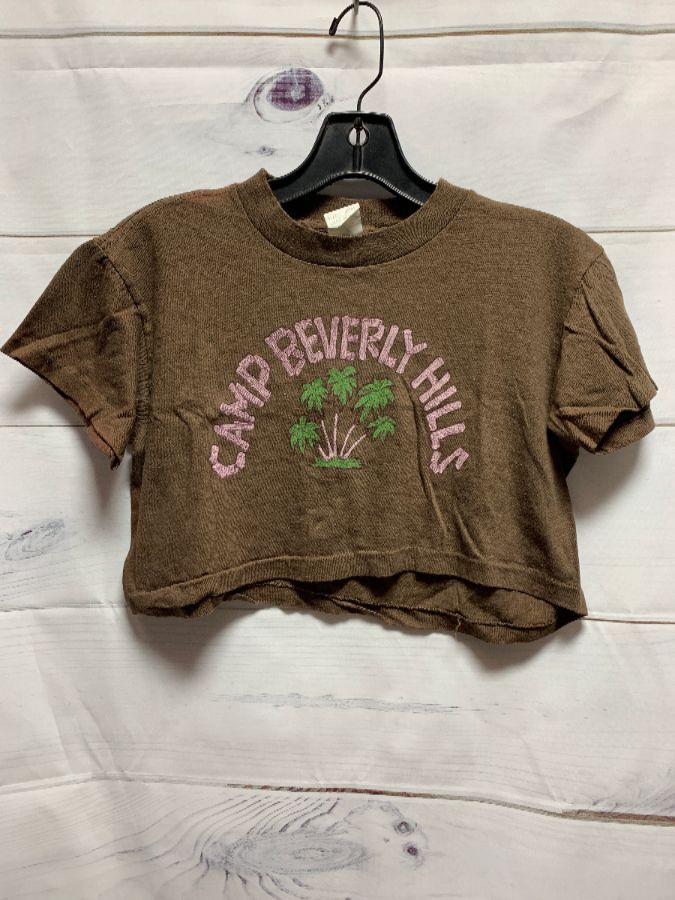 product details: *DEADSTOCK 90S COTTON CROP TOP CAMP BEVERLY HILLS 1977 BRWN S photo