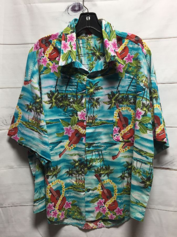 Ukulele & Flower Leis Print Hawaiian Shirt | Boardwalk Vintage