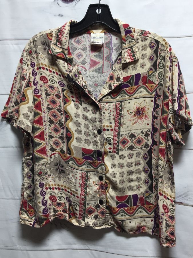 Rayon Shirt W/ Funky Triangle & Floral Print | Boardwalk Vintage