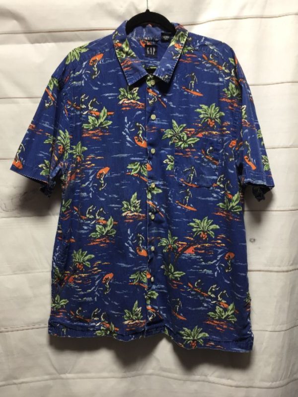 1990'S THE GAP COTTON HAWAIIAN SHIRT W/ SURFER & PALM TREE PRINT ...