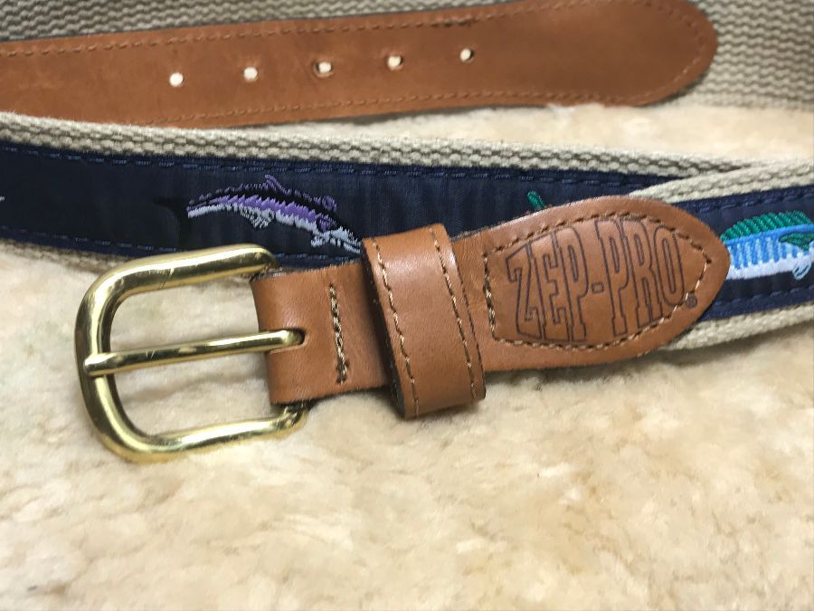 Funky Fish Print Canvas Belt With Leather Trims Brass Buckle