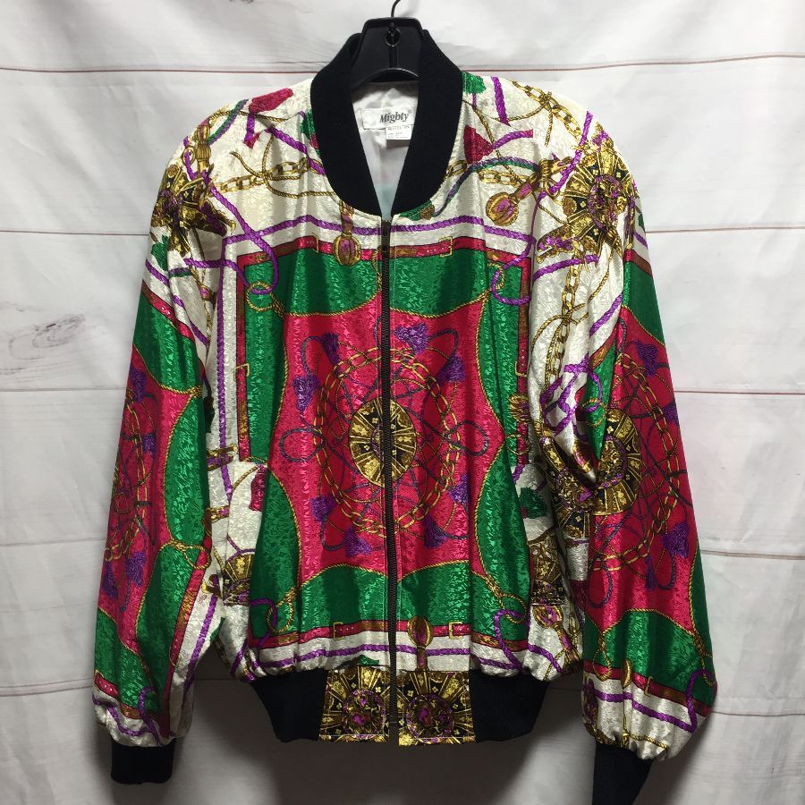 1980s Chain Tassel Print Silky Bomber Jacket With Shoulder Pads ...